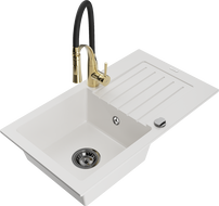 Mexen Pablo granite kitchen sink 1-bowl with drainer and kitchen faucet Aster, white - 6510-20-73450-57-B