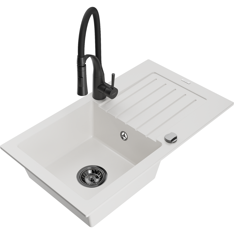 Mexen Pablo 1-compartment granite sink with a drip tray and kitchen mixer tap Aster, White - 6510-20-73450-70-B