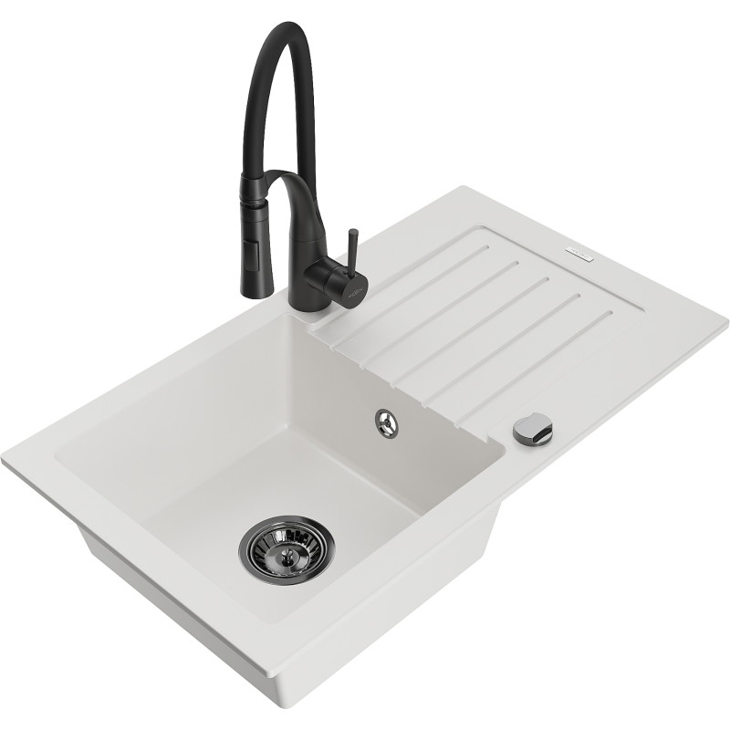 Mexen Pablo granite kitchen sink single-bowl with drainer and kitchen faucet Aster, white - 6510-20-73450-70-B