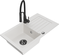 Mexen Pablo 1-bowl granite sink with drainer and Aster kitchen tap, white - 6510-20-73450-70-B