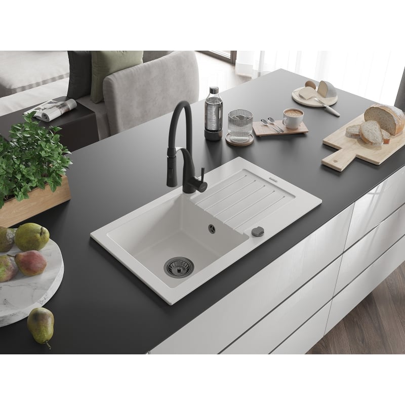 Mexen Pablo granite kitchen sink single-bowl with drainer and kitchen faucet Aster, white - 6510-20-73450-70-B