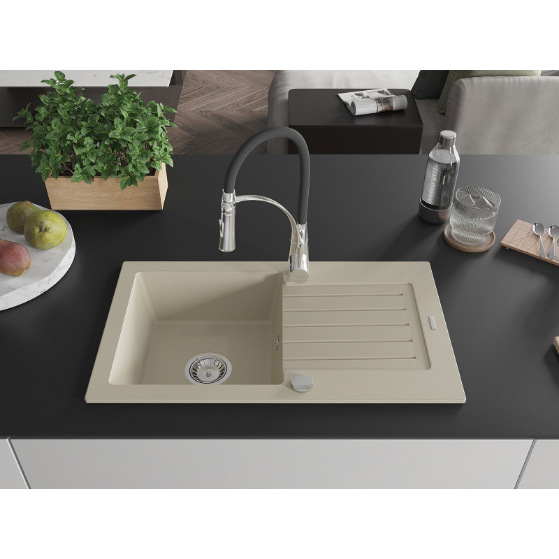 Mexen Pablo granite sink 1-bowl with drainer and Aster kitchen faucet, beige - 6510-69-73450-07