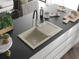 Mexen Pablo 1-compartment granite sink with a drip tray and kitchen mixer tap Aster, Beige - 6510-69-73450-07