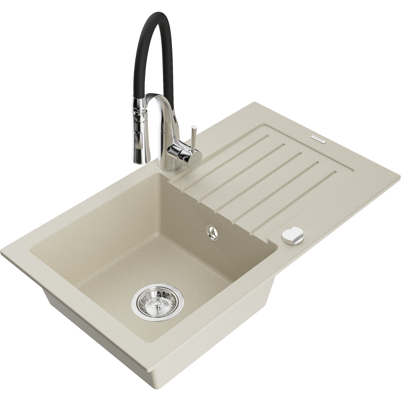 Mexen Pablo 1-compartment granite sink with a drip tray and kitchen mixer tap Aster, Beige - 6510-69-73450-07