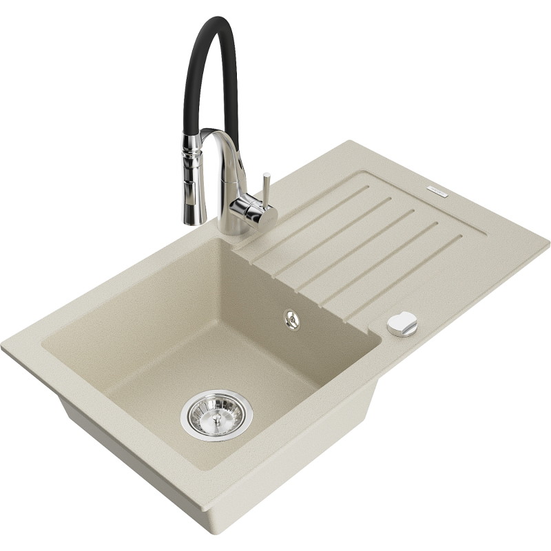 Mexen Pablo granite single-bowl kitchen sink with a draining board and Aster faucet, beige - 6510-69-73450-07
