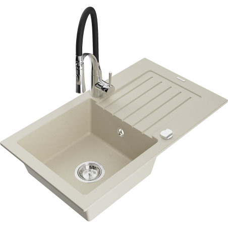 Mexen Pablo granite sink 1-bowl with drainer and Aster kitchen tap, beige - 6510-69-73450-07