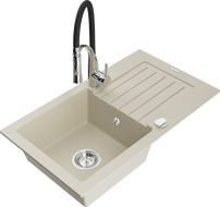 Mexen Pablo 1-compartment granite sink with a drip tray and kitchen mixer tap Aster, Beige - 6510-69-73450-07