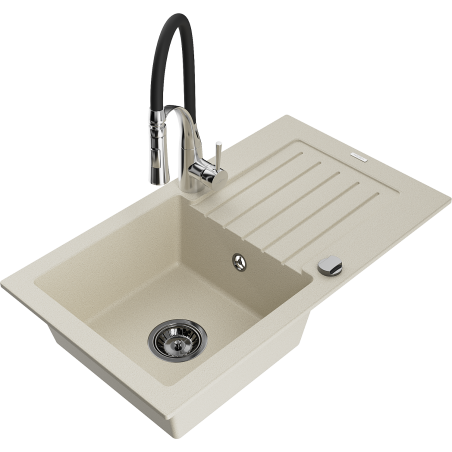 Mexen Pablo 1-compartment granite sink with a drip tray and kitchen mixer tap Aster, Beige - 6510-69-73450-07-B