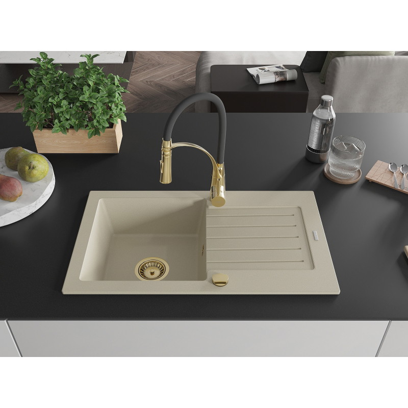 Mexen Pablo 1-bowl granite sink with drainer and kitchen faucet Aster, beige - 6510-69-73450-57-G