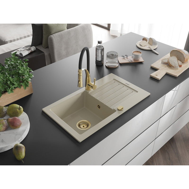 Mexen Pablo granite kitchen sink single-bowl with drainer and Aster kitchen faucet, beige - 6510-69-73450-57-G