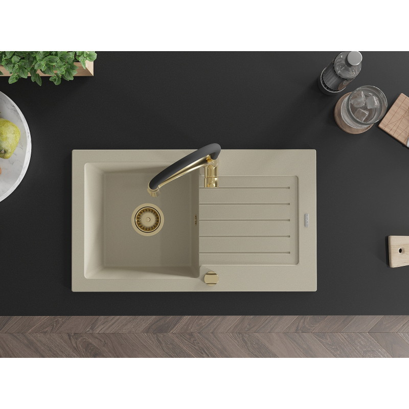 Mexen Pablo 1-bowl granite sink with drainer and kitchen faucet Aster, beige - 6510-69-73450-57-G