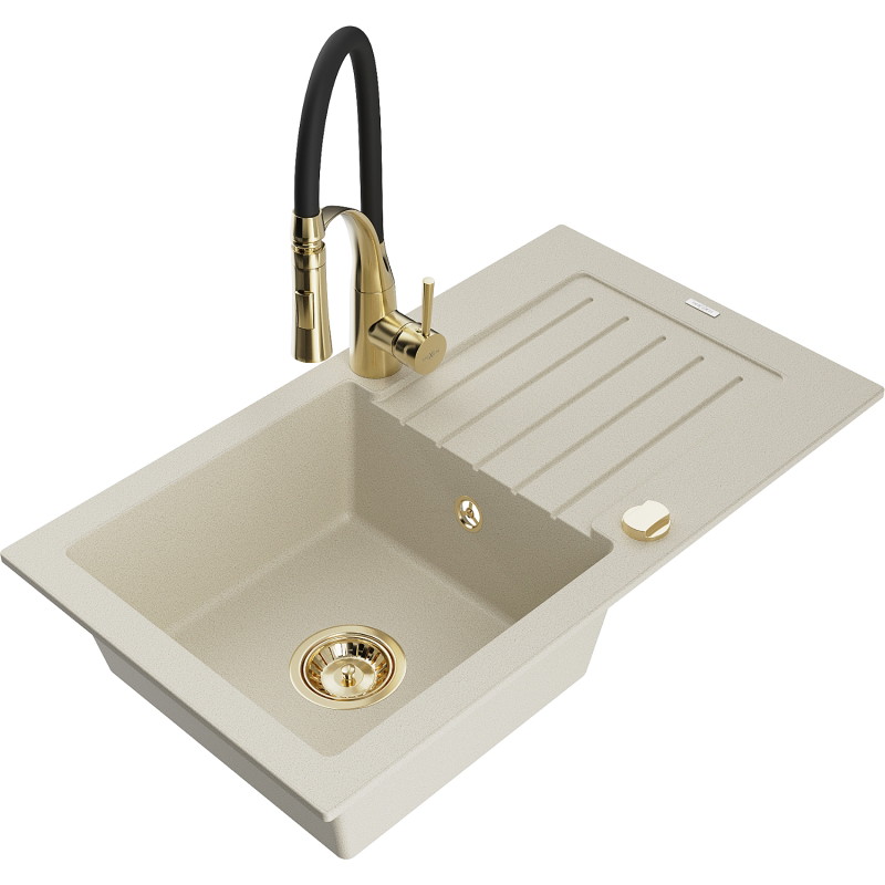Mexen Pablo 1-bowl granite sink with drainer and kitchen faucet Aster, beige - 6510-69-73450-57-G