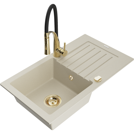 Mexen Pablo granite kitchen sink single-bowl with drainer and Aster kitchen faucet, beige - 6510-69-73450-57-G