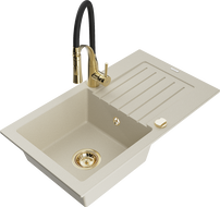 Mexen Pablo 1-bowl granite sink with drainer and kitchen faucet Aster, beige - 6510-69-73450-57-G