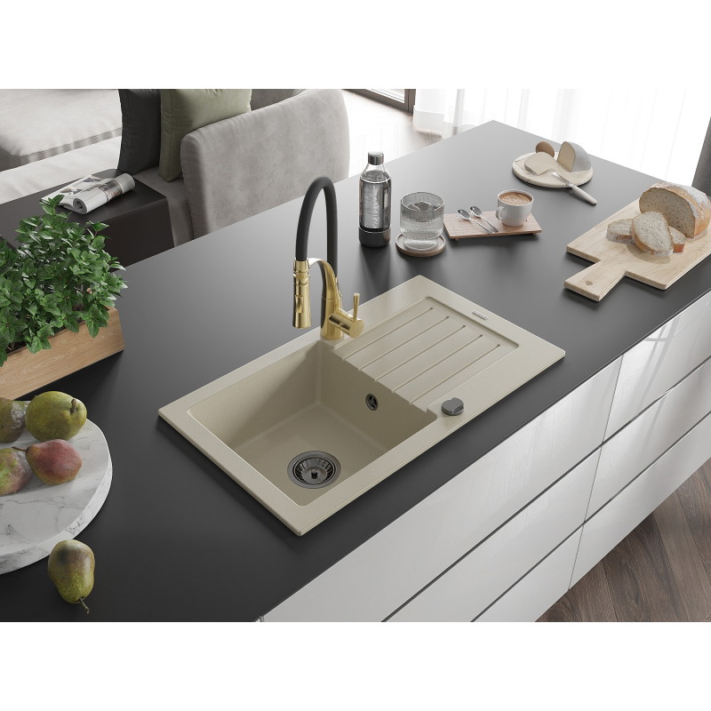 Mexen Pablo 1-bowl granite sink with drainer and Aster kitchen faucet, beige - 6510-69-73450-57-B