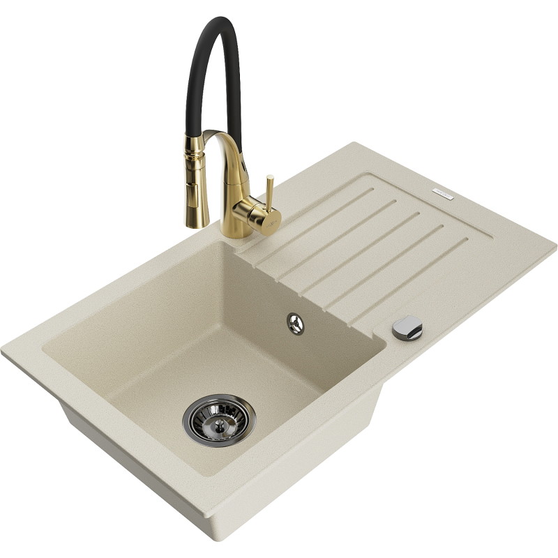 Mexen Pablo 1-bowl granite sink with drainer and Aster kitchen faucet, beige - 6510-69-73450-57-B