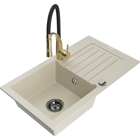 Mexen Pablo 1-bowl granite sink with drainer and Aster kitchen faucet, beige - 6510-69-73450-57-B