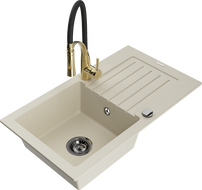 Mexen Pablo granite kitchen sink 1-bowl with drainer and Aster kitchen faucet, beige - 6510-69-73450-57-B