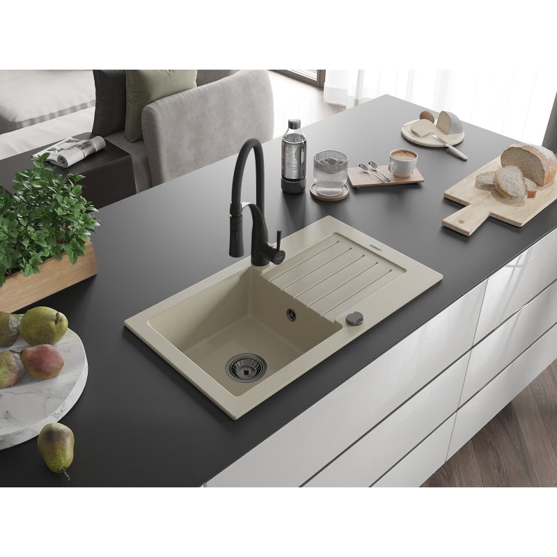 Mexen Pablo granite single-bowl sink with drainer and Aster kitchen faucet, beige - 6510-69-73450-70-B