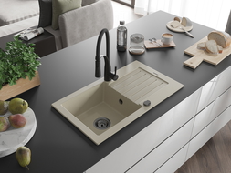 Mexen Pablo 1-compartment granite sink with a drip tray and kitchen mixer tap Aster, Beige - 6510-69-73450-70-B