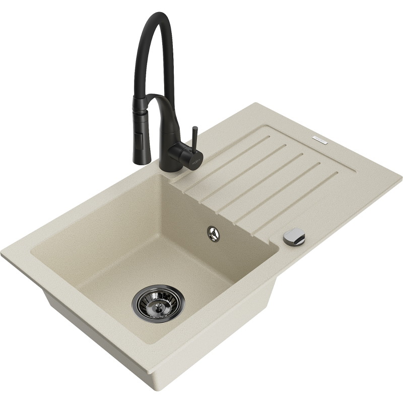 Mexen Pablo granite kitchen sink 1-bowl with drainer and Aster kitchen faucet, beige - 6510-69-73450-70-B