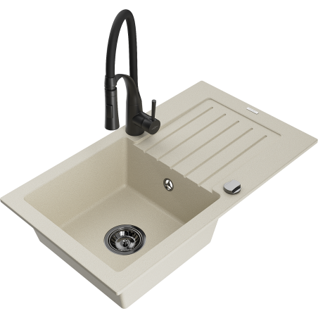 Mexen Pablo granite kitchen sink 1-bowl with drainer and Aster kitchen faucet, beige - 6510-69-73450-70-B