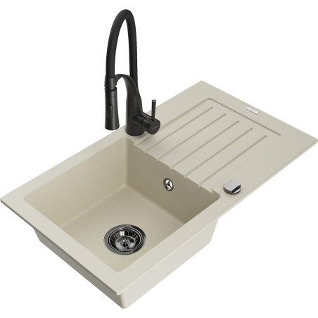 Mexen Pablo granite single-bowl sink with drainer and Aster kitchen faucet, beige - 6510-69-73450-70-B