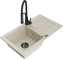 Mexen Pablo granite single-bowl sink with drainer and Aster kitchen faucet, beige - 6510-69-73450-70-B