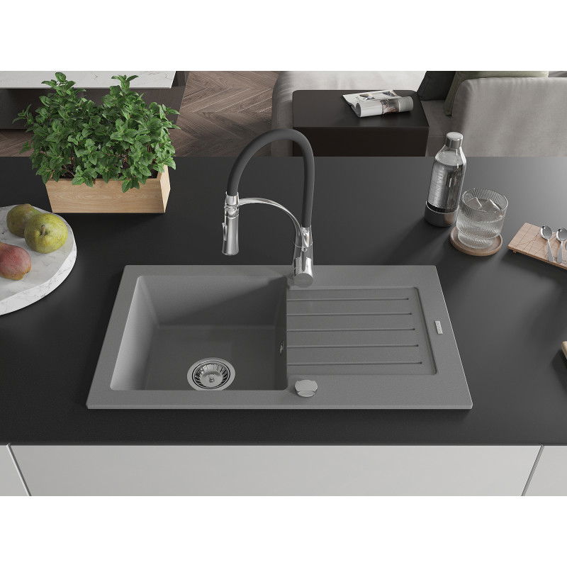 Mexen Pablo 1-bowl granite sink with drainer and Aster kitchen tap, grey - 6510-71-73450-07