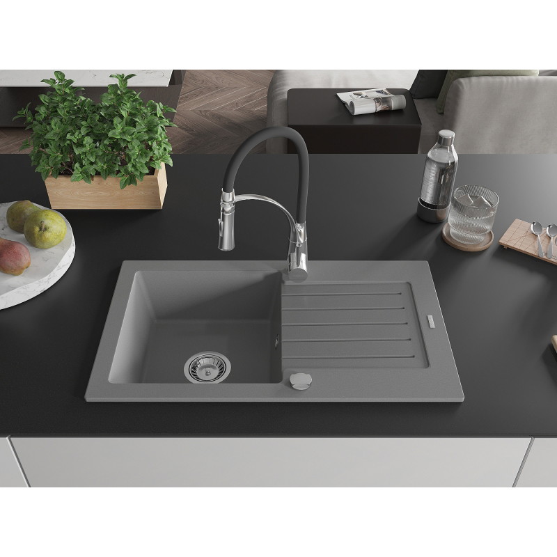 Mexen Pablo granite kitchen sink 1-bowl with drainer and kitchen faucet Aster, gray - 6510-71-73450-07