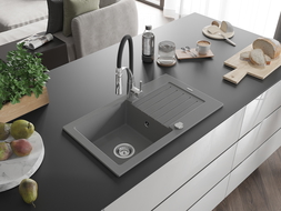 Mexen Pablo 1-bowl granite sink with drainer and Aster kitchen tap, grey - 6510-71-73450-07