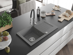 Mexen Pablo granite kitchen sink 1-bowl with drainer and kitchen faucet Aster, gray - 6510-71-73450-07