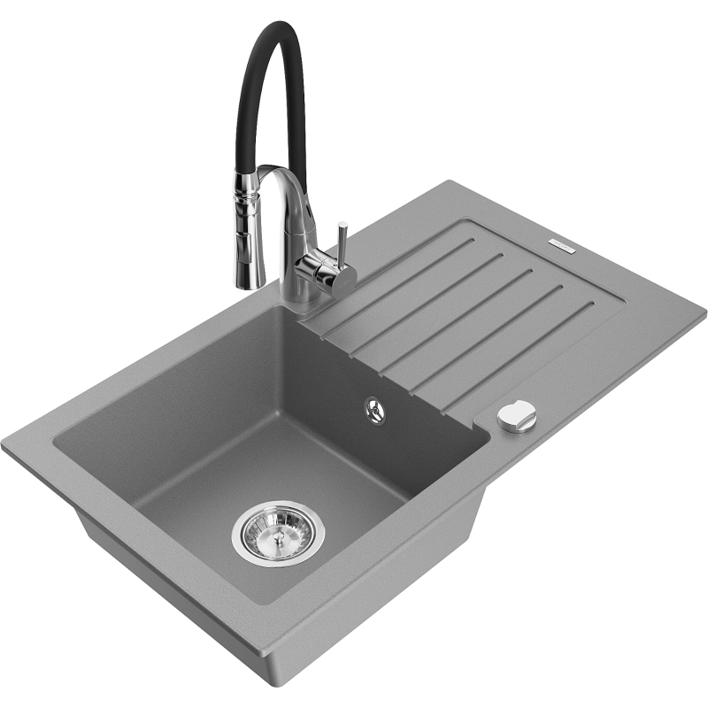 Mexen Pablo 1-bowl granite sink with drainer and Aster kitchen tap, grey - 6510-71-73450-07