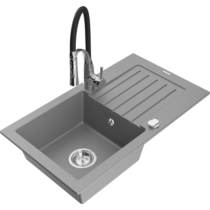 Mexen Pablo 1-compartment granite sink with a drip tray and kitchen mixer tap Aster, Grey - 6510-71-73450-07
