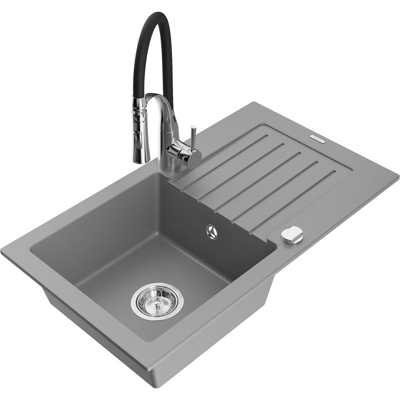 Mexen Pablo single-bowl granite sink with drainer and Aster kitchen faucet, gray - 6510-71-73450-07