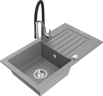 Mexen Pablo 1-bowl granite sink with drainer and Aster kitchen tap, grey - 6510-71-73450-07