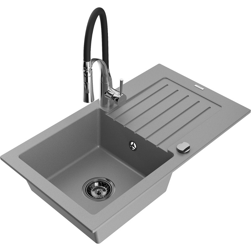 Mexen Pablo granite kitchen sink 1-bowl with drainer and Aster kitchen faucet, gray - 6510-71-73450-07-B