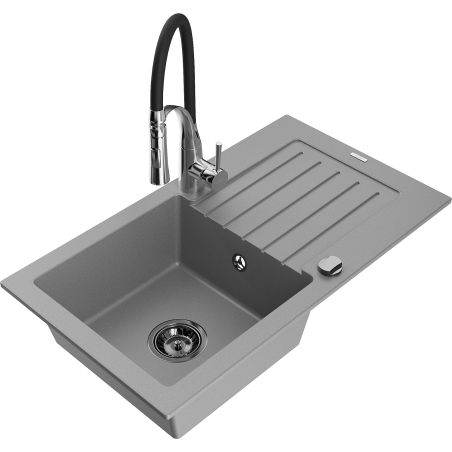 Mexen Pablo 1-bowl granite sink with drainer and kitchen faucet Aster, gray - 6510-71-73450-07-B