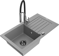 Mexen Pablo 1-bowl granite kitchen sink with drainer and Aster kitchen tap, grey - 6510-71-73450-07-B
