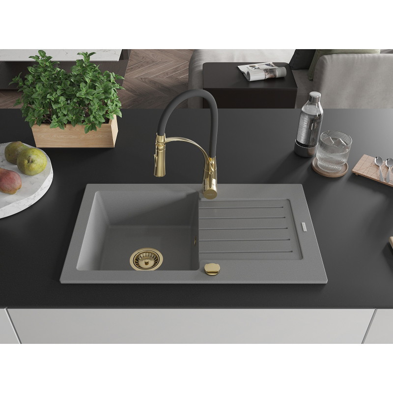 Mexen Pablo granite single-bowl kitchen sink with drainer and Aster kitchen faucet, gray - 6510-71-73450-57-G