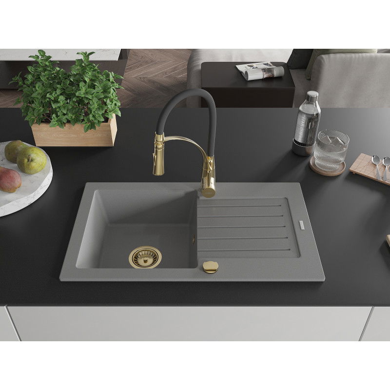 Mexen Pablo granite sink 1-bowl with drainer and kitchen tap Aster, grey - 6510-71-73450-57-G