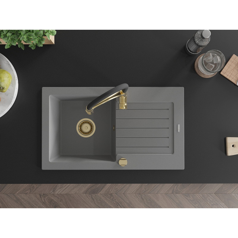Mexen Pablo 1-bowl granite sink with drainer and Aster kitchen faucet, gray - 6510-71-73450-57-G