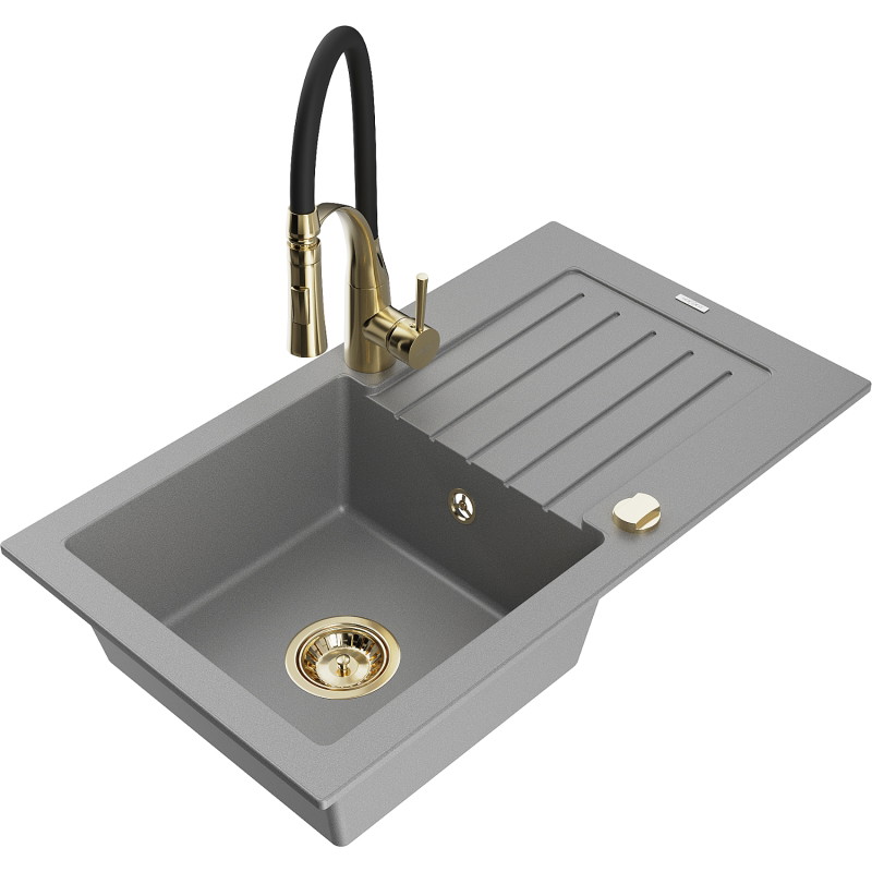 Mexen Pablo granite single-bowl kitchen sink with drainer and Aster kitchen faucet, gray - 6510-71-73450-57-G