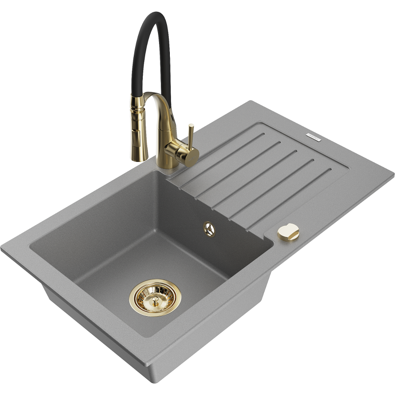 Mexen Pablo granite sink 1-bowl with drainer and kitchen tap Aster, grey - 6510-71-73450-57-G