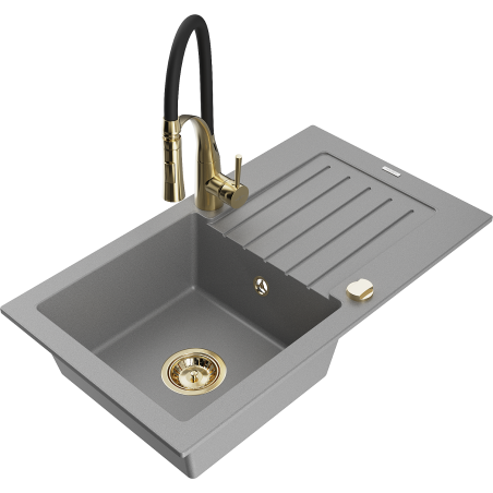 Mexen Pablo 1-bowl granite sink with drainer and Aster kitchen faucet, gray - 6510-71-73450-57-G