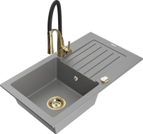 Mexen Pablo granite single-bowl kitchen sink with drainer and Aster kitchen faucet, gray - 6510-71-73450-57-G