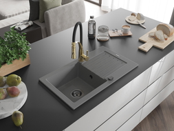 Mexen Pablo 1-Bowl Granite Sink with Drainer and Aster Kitchen Faucet, Gray - 6510-71-73450-57-B