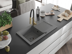 Mexen Pablo granite kitchen sink 1-bowl with drainer and Aster kitchen tap, grey - 6510-71-73450-57-B