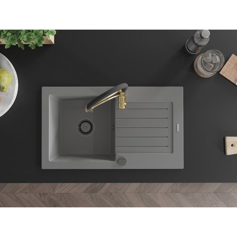 Mexen Pablo 1-Bowl Granite Sink with Drainer and Aster Kitchen Faucet, Gray - 6510-71-73450-57-B