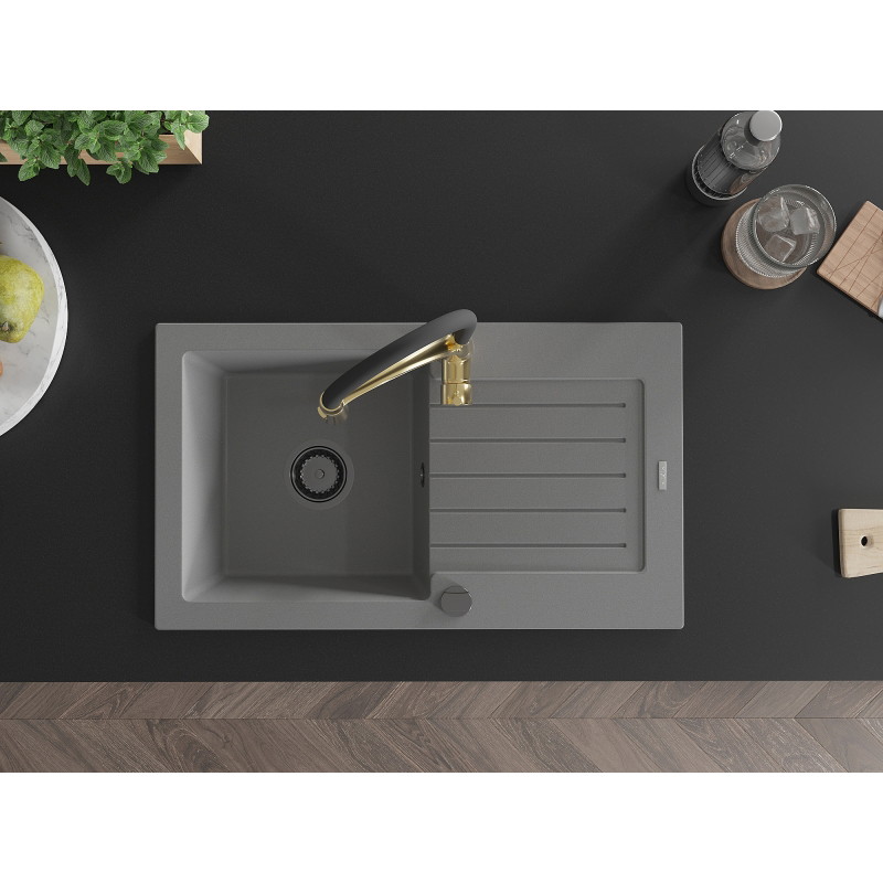 Mexen Pablo 1-bowl granite sink with drainer and kitchen faucet Aster, gray - 6510-71-73450-57-B
